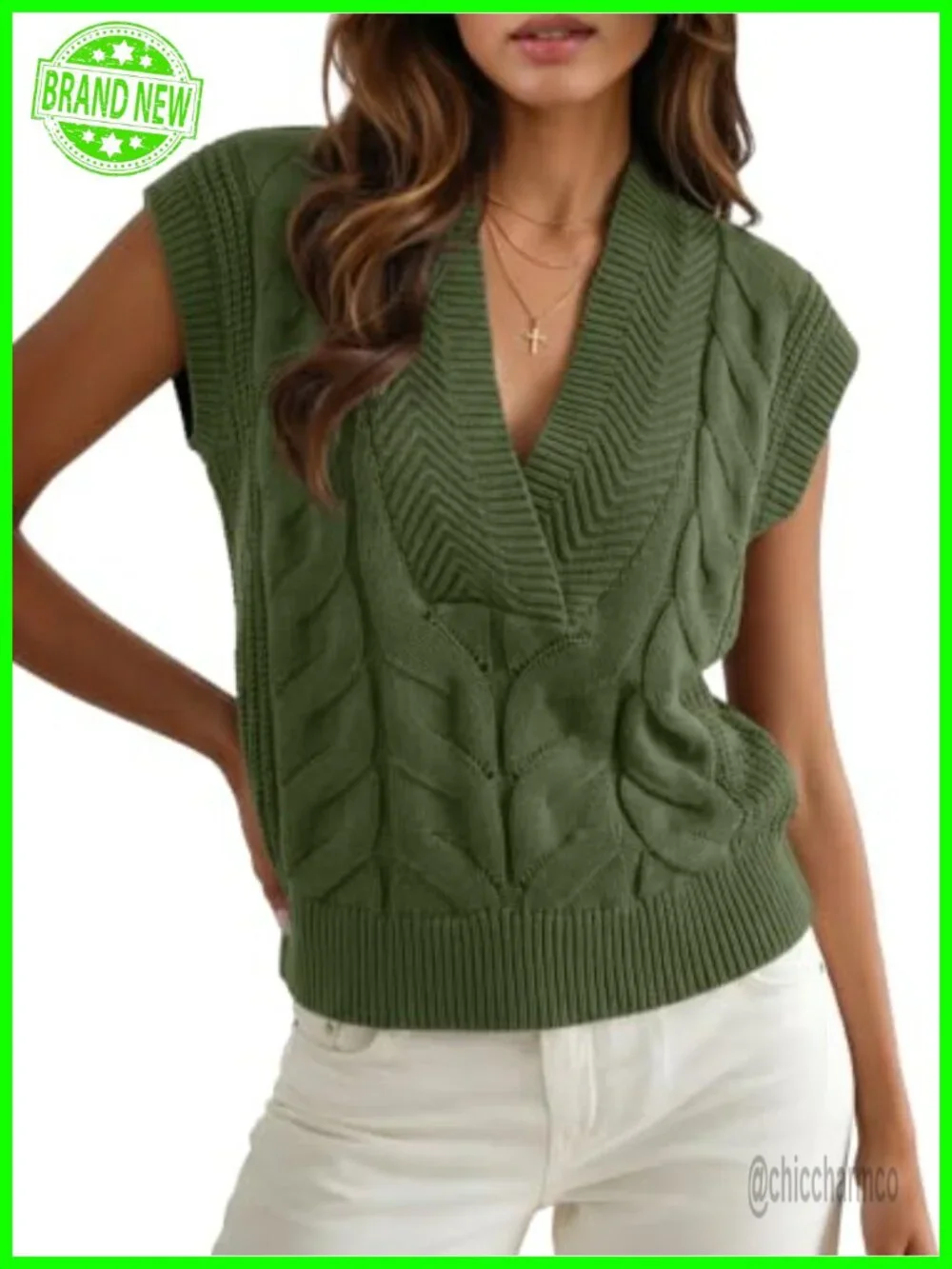 Sweater Vest V Neck Sleeveless Oversized Lightweight Cable Knit Cotton Tops for